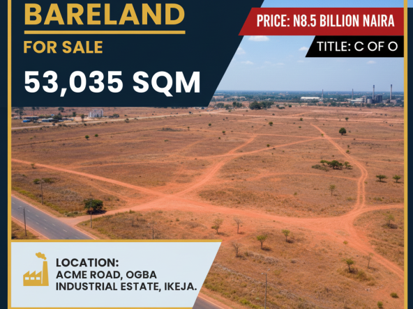 Wide aerial view of 53,035 sqm fenced bare land on Acme Road, Ogba Industrial Estate, Ikeja, Lagos — prime industrial site with road frontage ready for warehouses, factories or mixed‑use development.